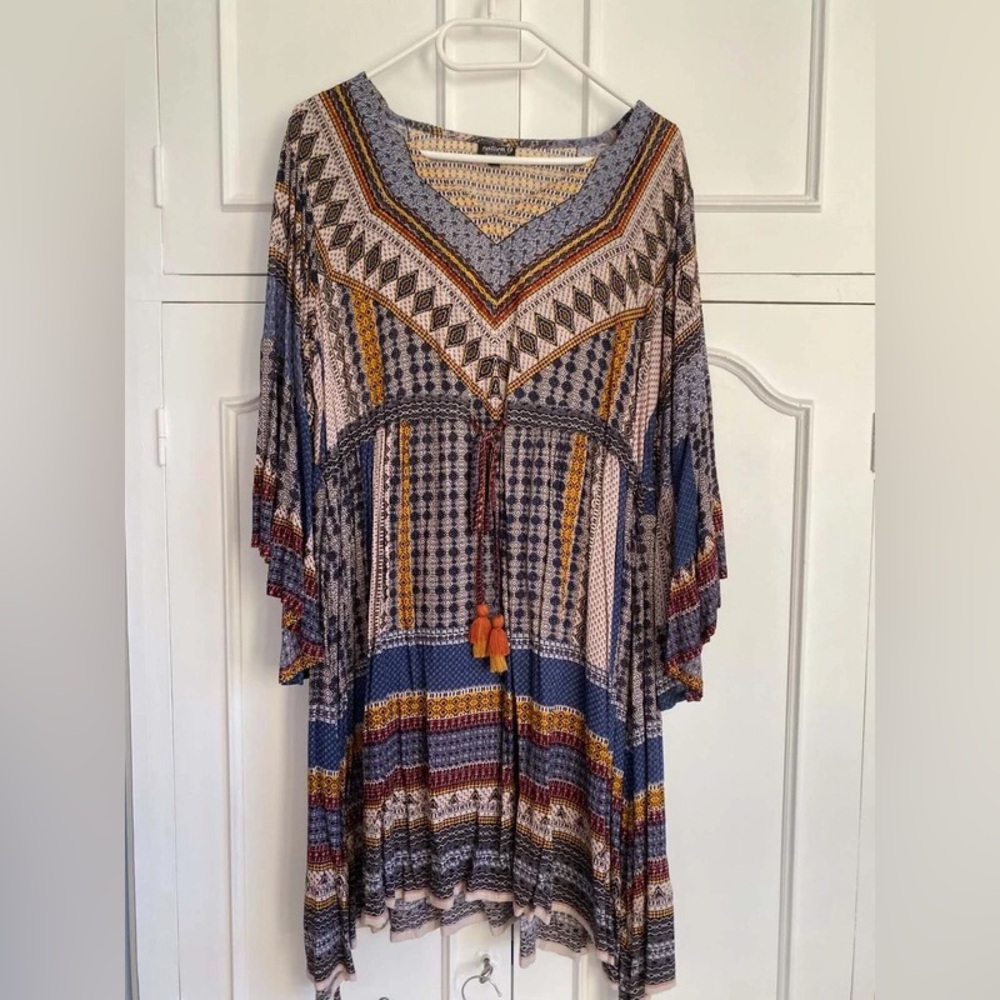 Boho V-Neck Multicolor Tunic Dress with Tassel Tie